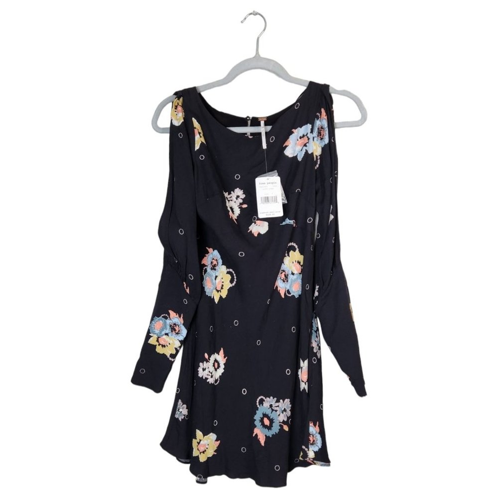 Free People NWT Black Floral Sunshadows Long Slit Sleeve Mini Dress Size 0